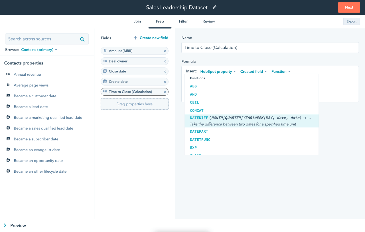 View of the dataset functionality in the HubSpot software